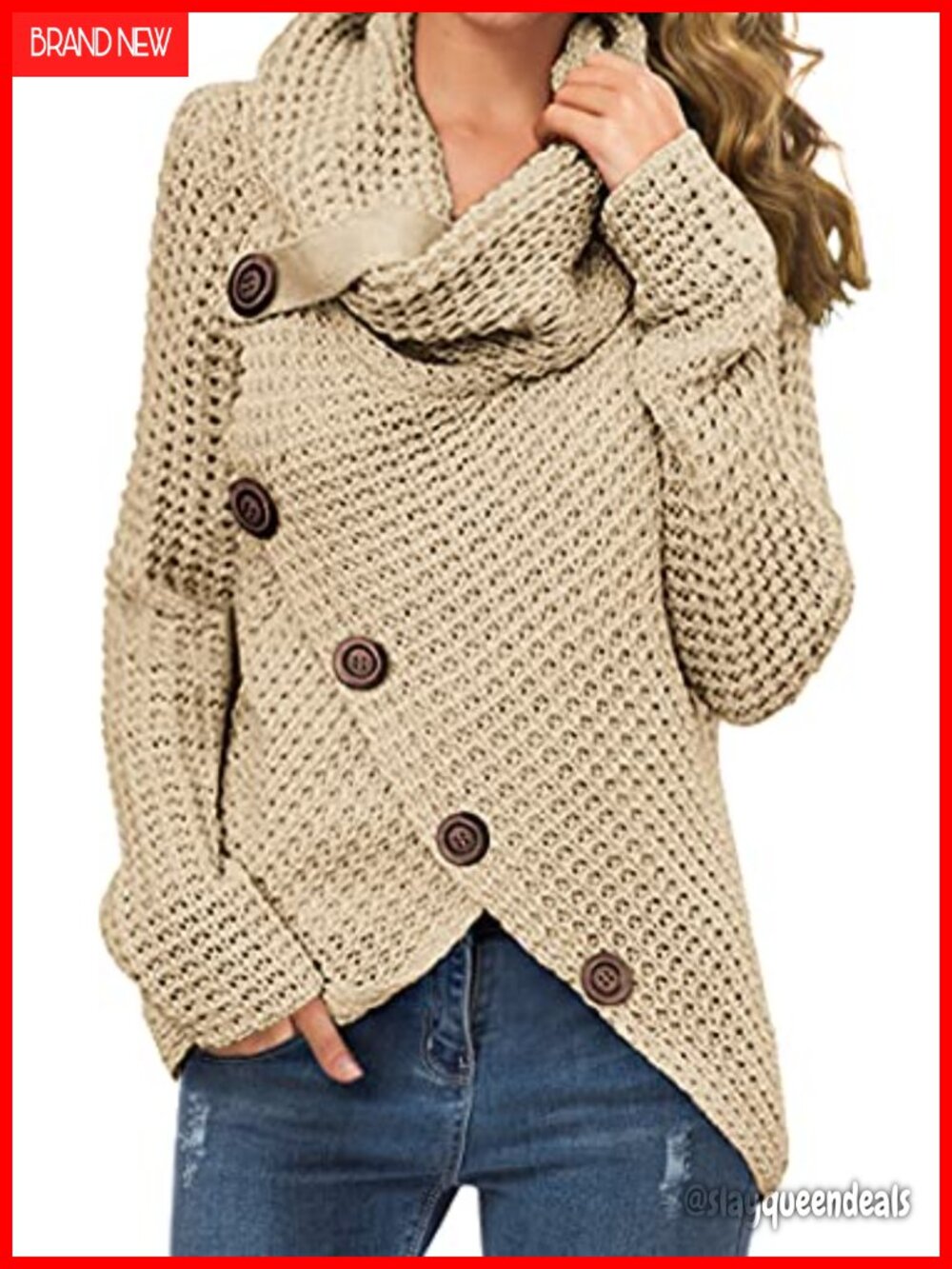 Chunky Knit Cowl Neck Pullover Sweater Women's Asymmetrical Hem
